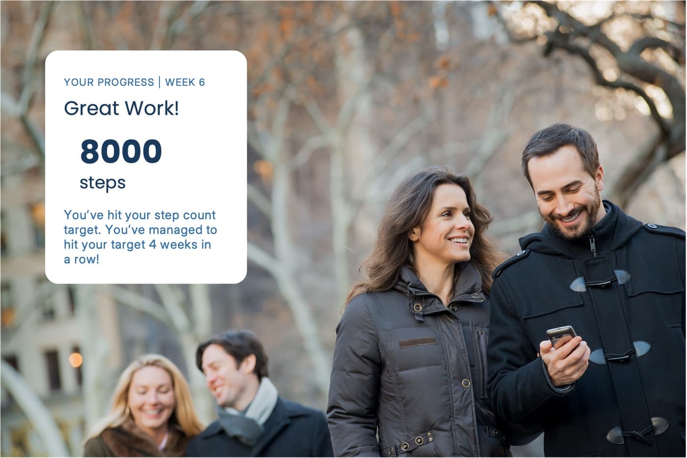 A step-count progress card reading 'Great Work! 8000 steps' over a photo of people walking outdoors